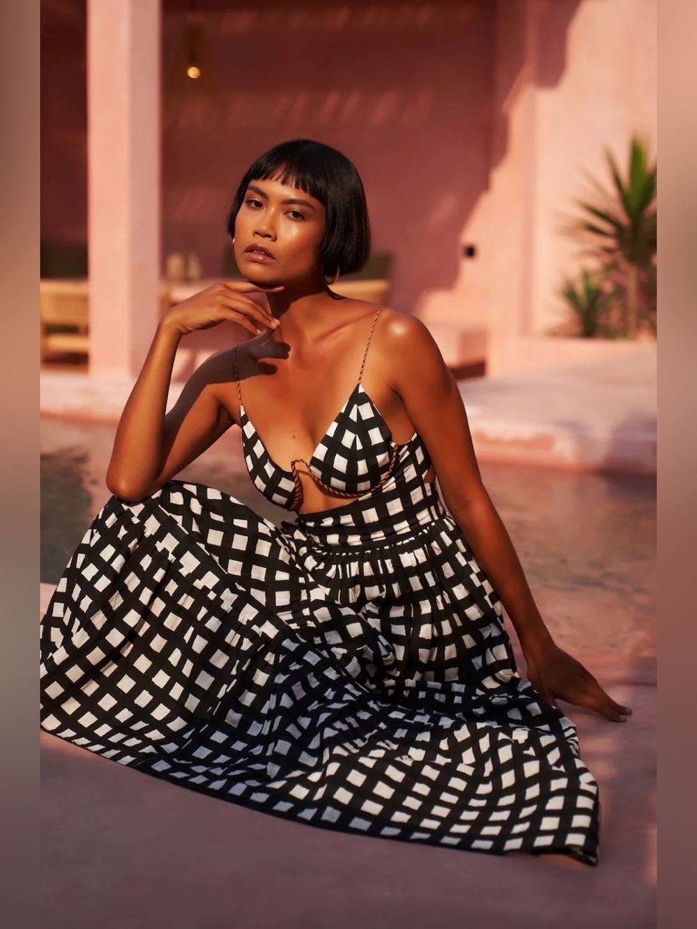 MO MAYA Luna Underwire Cut Out Sleeveless Maxi Dress Black Gingham Size M/L